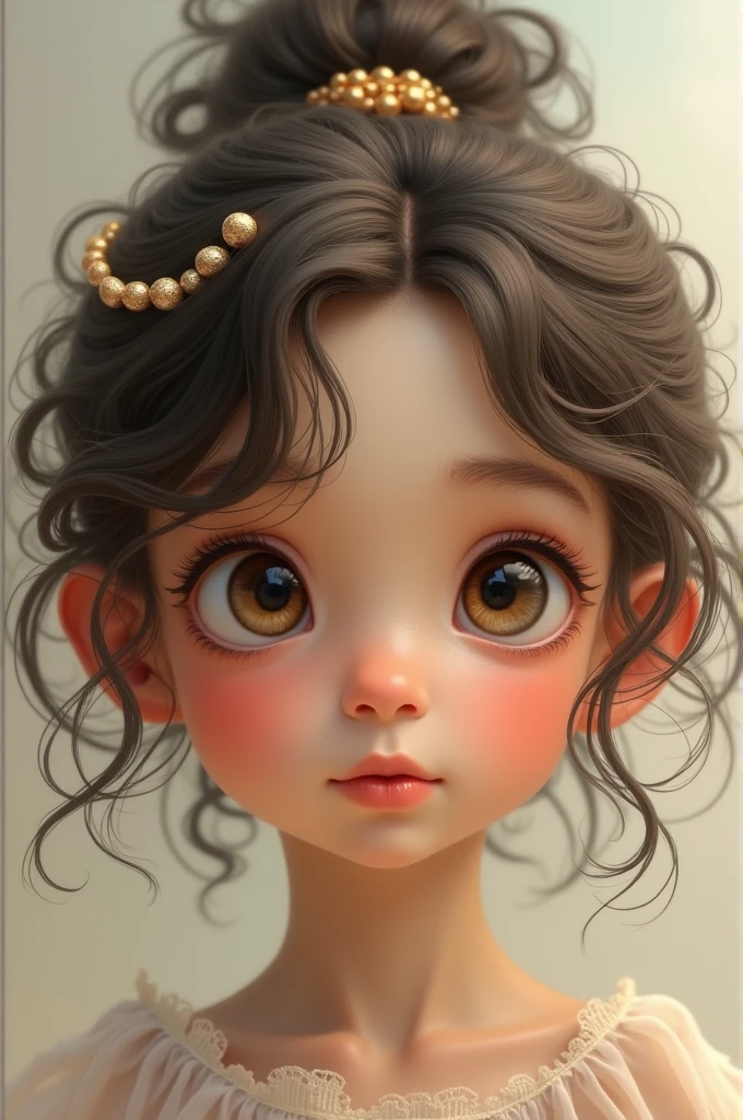 Short girl with curly hair and large eyes