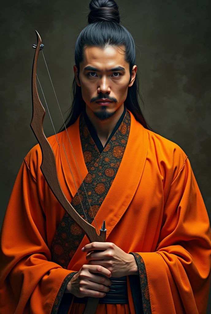 A man with white white in colour orange clothes wearing with long black hair warped up and long eyes with beautiful eye lashes along with holding and danush in his hand