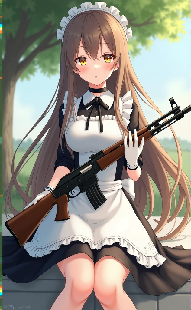 anime character with long hair in maid dress holding a heavy rilfe and black gloves, (hair swept bangs:1.3), (long brown hair:1.3), 1girl, solo, long hair, looking at viewer, bangs, brown hair, yellow eyes, gloves, long sleeves, dress, ribbon, holding, sitting, weapon, outdoors, frills, choker, white gloves, blunt bangs, holding weapon, mole, apron, black dress, tree, gun, maid, maid headdress, black choker, grass, holding gun, rifle, maid apron, cigarette, smoking, anime style, from girls frontline, fine details. girls frontline, girls frontline universe, girls frontline style, girls frontline, girls frontline cg, soft anime illustration, 2 0 2 2 anime style, 2022 anime style, pixiv contest winner, pretty anime character design, render of april