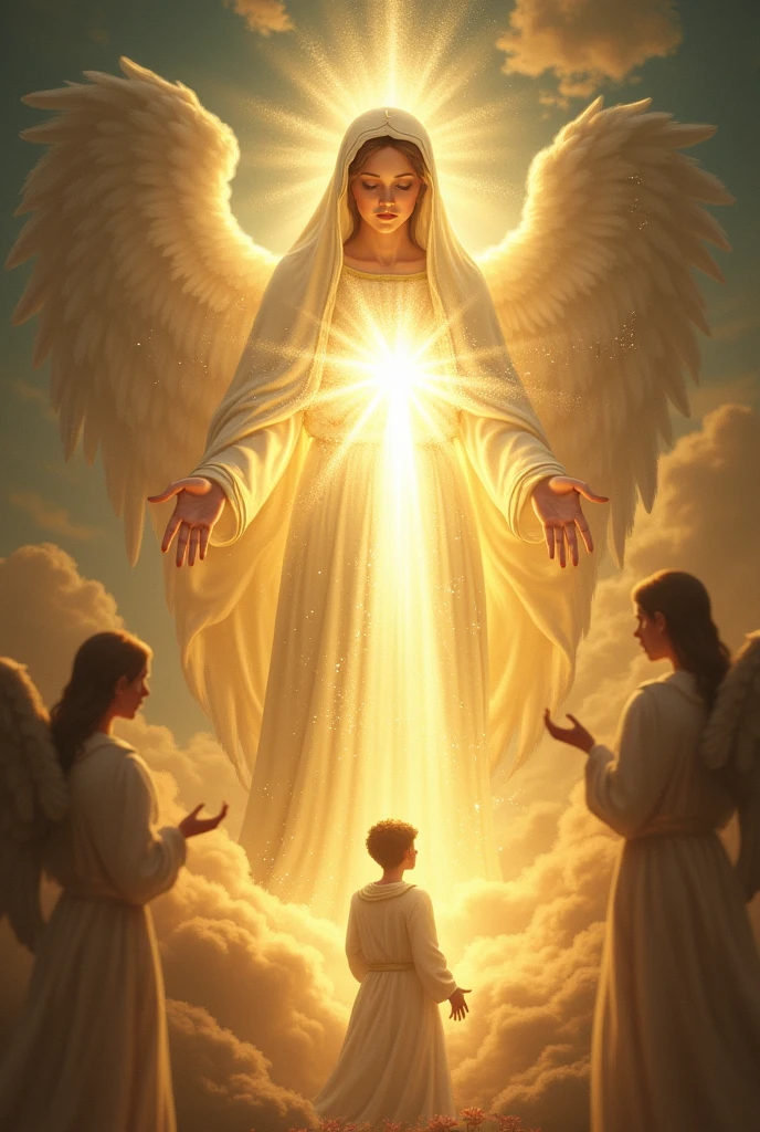 Create an image where the virgin of fatima (whose appearance is more brilliant than the sun, and
radiated a light more clear and intense than a crystal glass filled with
sparkling water, when the rays of the burning sun shine through it.) is saving a soul of a young male sinner (who is a soul not a  physical body )and Our Lady opened her hands,
communicating to him a light so intense from her hands that, as it streamed from
her hands, its rays penetrated his heart and the innermost depths
of his soul, making him see himself in God, Who was that light,
more clearly than he sees himself in the best of mirrors at God's heavenly court where around her there are angels ( but the virgin of fatima does not have wings only the angels)
