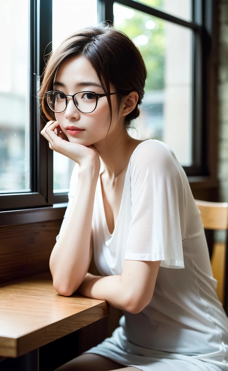 ((Perfect anatomy with detailed limb depictions)) ,4K,Tabletop,RAW Photos,最high quality,Realistic,Highly detailed CG Unity 4K wallpaper,Written boundary depth,Light from the window like a scene from a movie,Lens flare,Ray Tracing,(Very beautiful face,Beautiful Lips,Beautiful Eyes),Intricately detailed faces,((Highly detailed skin)),1 person,In the Dark,Deep Shadow,(((A cute and elegant Shiho-san with glasses, raised as a young lady, sitting by the window at a coffee shop in the morning))),Japanese Idol,1 person,(Elegant behavior:1.3),(((Standing in front of a table with hands behind one&#39;s back))),(Heartwarming:1.3),(((The red-rimmed feminine glasses look great on her.))),(A modest white blouse, baggy jeans, and pumps.),(Beautifully blurred background with deep depth of field),(Round table by the window with wooden chairs:1.3),Beautiful necklace, cute earrings and bracelet,Clear Eyes,(大きな目にHigh nose),An innocent smile,(Literary woman),(Full body shot with background),((Standing in front of a chair with knees together:1.3)),Tilt your head,Beautiful fingertips like white fish,E-cup beautiful breasts,(Full body shot from the side),focus on,In front of eyebrows,Beautiful ponytail,Highly detailed face,4K Digital SLR,high quality,Film grain effect,Fujifilm XT3 style,Classic Movie Scenes,(Saiharu Body),(Delicate eyes and face),Professional Perspective,Amazing details,1 personの少女に凝縮された美しさ,繊細でHigh noseを持つ美しい顔,Long limbs like a model,Tight waist,High nose,Clear chestnut eyes,Glossy Lips,