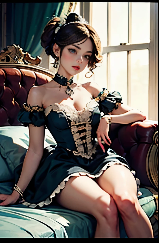 there is a woman in a dress laying on a bed, an album cover inspired by Jean-Baptiste van Loo, tumblr, rococo, rococo fashion, # rococo, rococo queen, dress in the style of rococo, rococo dress, rococo cyberpunk, rococo!, marie antoinette, rococo style, rococo style portrait, baroque hair