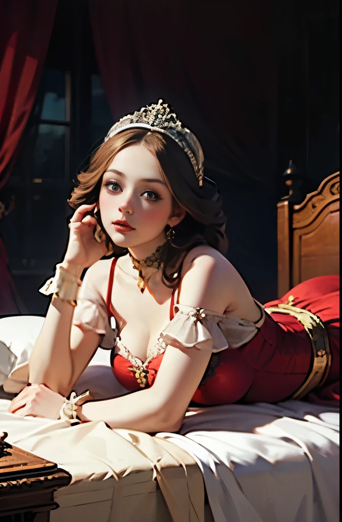 there is a woman in a dress laying on a bed, an album cover inspired by Jean-Baptiste van Loo, tumblr, rococo, rococo fashion, # rococo, rococo queen, dress in the style of rococo, rococo dress, rococo cyberpunk, rococo!, marie antoinette, rococo style, rococo style portrait, baroque hair