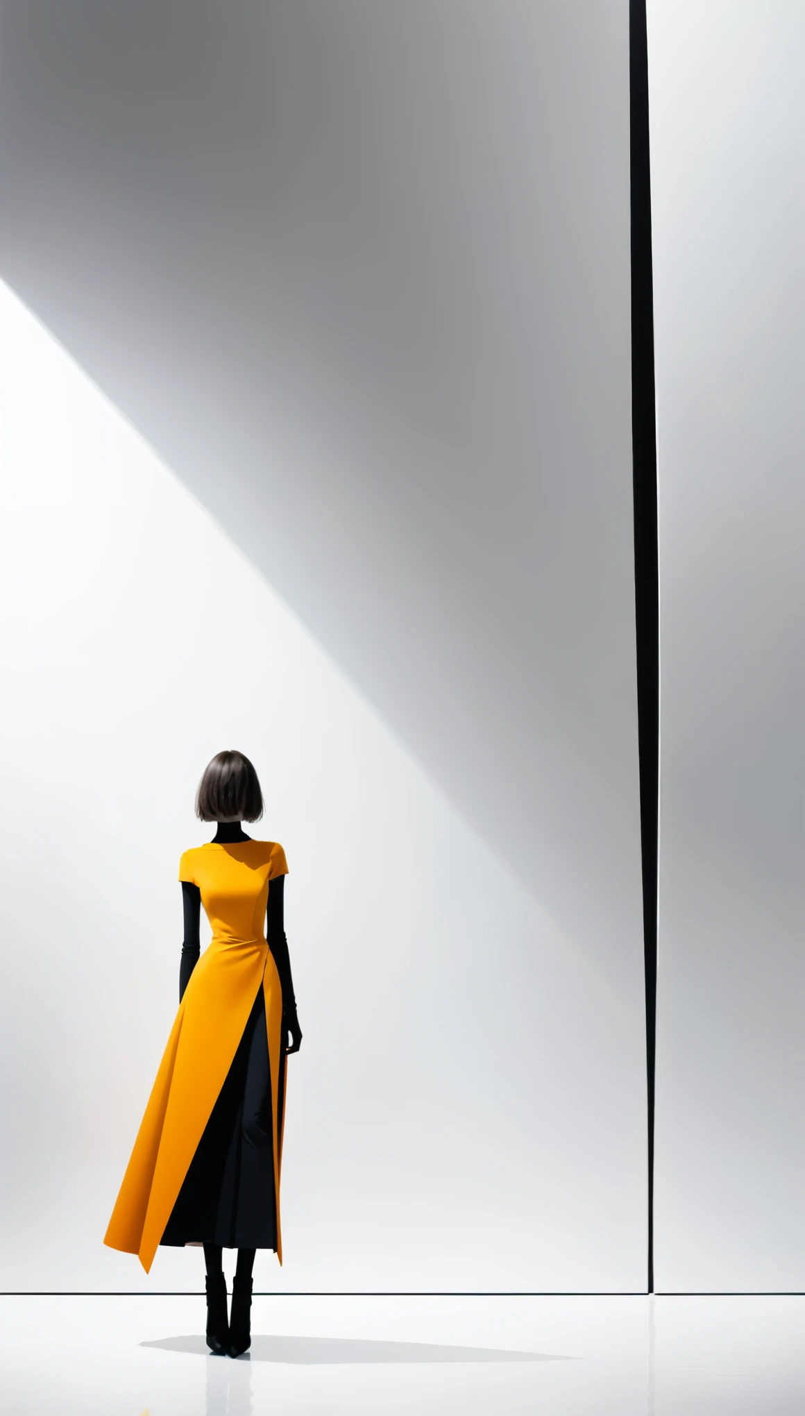 artistic inspiration of Pierre Soulages
 white background,1girl,leaning_To_the_Side,fashion and gorgeous costumes,reverse cross,Unexpected composition，Unforgettable color combination,Negative Space Composition，Depth of Field，atmospheric perspective,vanishing point