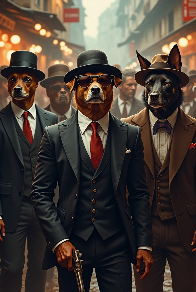 Create a dog in a fancy suit and hat with his other friends in fancy suits and hats as a Pink Blinders style gang, at a Brazilian barbecue, they spot the enemy gang, they take their weapons and start shooting at the enemies