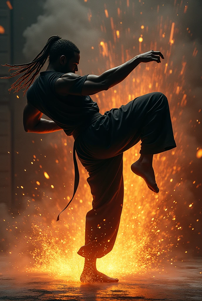 Ink Painting, karate, black, Dreadlocks, Toned Muscles, expensive, Long limbs, full house, Cool silhouette, superhuman power, Strong Will, Impact, shock wave