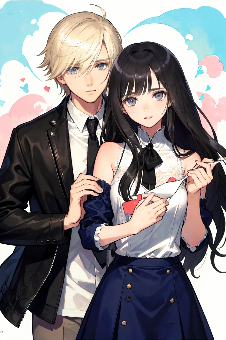 man and woman, couple, love, , a cat woman, she has freckles, she has dark brown eyes and an upturned nose, she is happy and smiling, she has long wavy hair, black hair, she is wearing aviator sunglasses with clear lenses in a soft watercolor style. The girl's clothes must be pink, purple, and blue in celebration of the bisexu stains of ink and watercolor mixing and filling the scene. he has blonde hair, he is handsome, he is slim. There should be a subtle, nuanced change in colors using the impasto technique with gouache paint. There should be a light rain in the watercolor painting with a little watercolor paper texture and a pastel background.