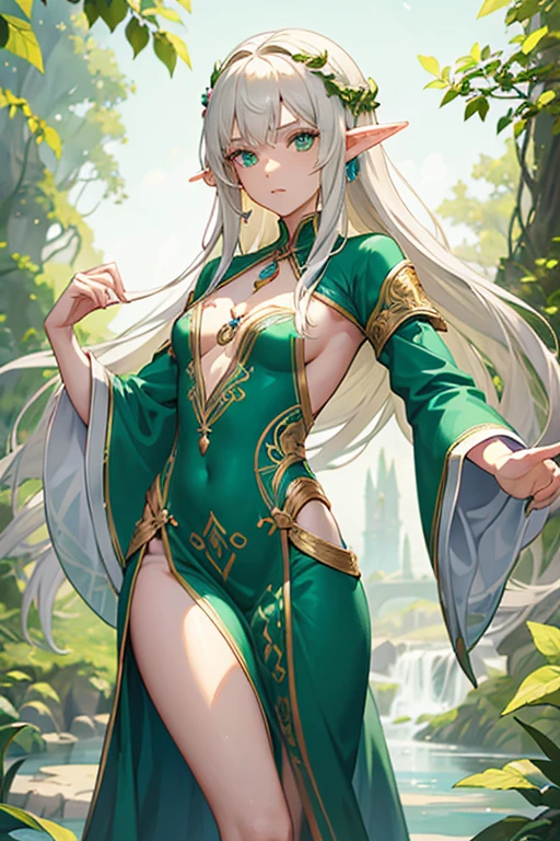 Female young Half-Elf, beautiful, slim, small breasts, small hips, moderate butt, short pale blond hair, long and thin sideburns, captivating green eyes, practical yet finely crafted green druidic robes, adorned with subtle nature-themed embroidery, around her neck, she wears a pendant made of intricately carved wood.