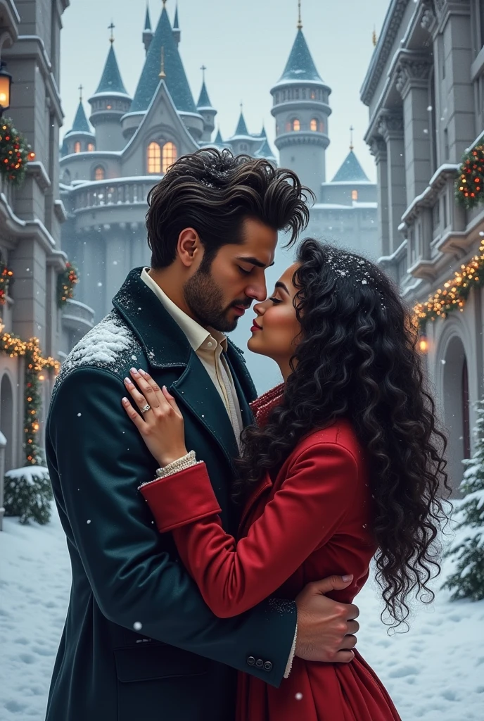 Book cover of fate traced actor Can Yaman with big hair and a black-skinned woman with curly hair in love . there is an eleven year old ager with straight black hair, daughter of the couple castle snow Christmas