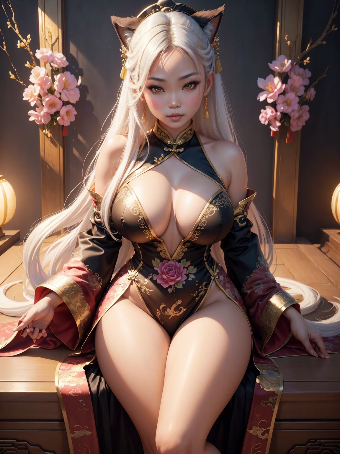 (A Gorgeous Chinese|Filipina woman, slanted Asian eyes, thighs:1.35), flowing white hair, fox ears, stylish, pink eyes, fiery flowers background, beautiful, goddess, fantasy world. Cinematic Lighting, ethereal light, intricate details, extremely detailed, incredible details, full colored, complex details, insanely detailed and intricate, hypermaximalist, extremely detailed with rich colors. masterpiece, best quality, aerial view, HDR, UHD, unreal engine. plump looking at the camera, smooth thighs, (glittery jewelry) ((acrylic illustration, by artgerm, by kawacy, by John Singer Sargenti) dark Fantasy background, glittery jewelry, Representative, fair skin, beautiful face, Rich in details High quality, gorgeous, glamorous, 8k, super detail, gorgeous light and shadow, detailed decoration