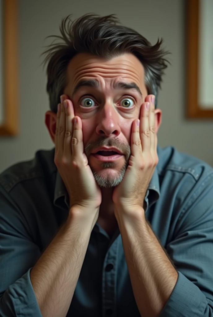 Human reaction to disbelieve news with both hand in the check