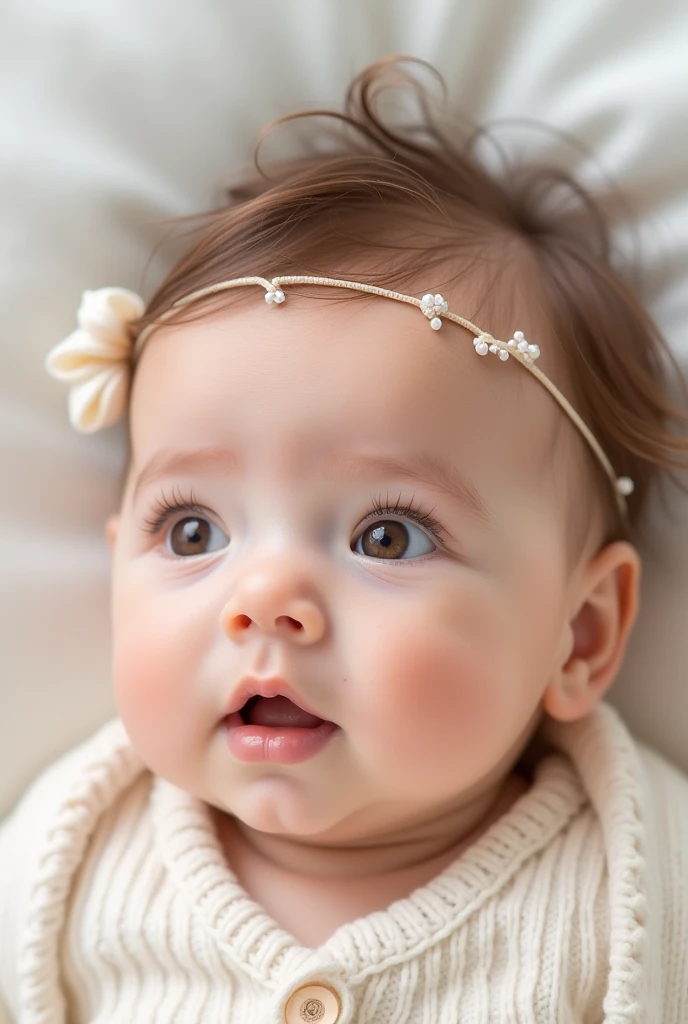Picture Perfect pretty face of a boy and picture perfect cute face of 6 montl with headband. Photoshoot. White babies. Brown hair. hazel brown eyes. pink lips