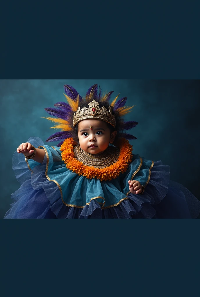 arafed baby in a costume with feathers and a crown, a portrait inspired by Raja Ravi Varma, shutterstock contest winner, art photography, photo taken with nikon d 7 5 0, photo taken with nikon d750, indian god, indian goddess, award winning studio photo, mid shot portrait, portrait shot, beautiful cute, full body portrait shot