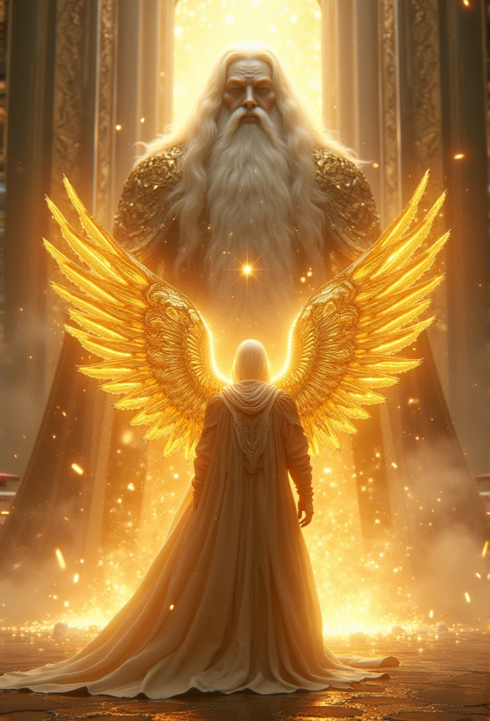 holy paladin, glowing light eyes, glowing golden wingiomechanicals, The colors are very vivid, Light particles, Glowing light, angel, Mshiv, wallpaper art, ultra HD wallpaper, looking at a Gigantic God with white hair and white beard, seated on his large golden white thrown, 32K UHD, style raw.