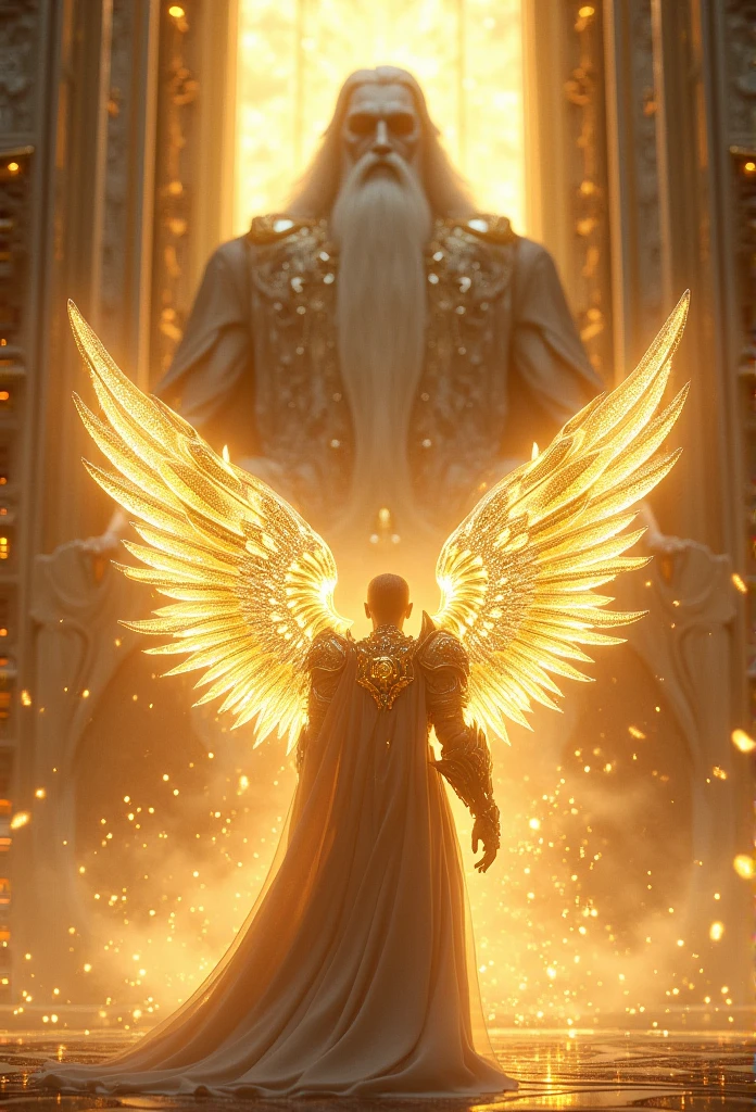 holy paladin, glowing light eyes, glowing golden wingiomechanicals, The colors are very vivid, Light particles, Glowing light, angel, Mshiv, wallpaper art, ultra HD wallpaper, looking at a Gigantic God with white hair and white beard, seated on his large golden white thrown, 32K UHD, style raw.