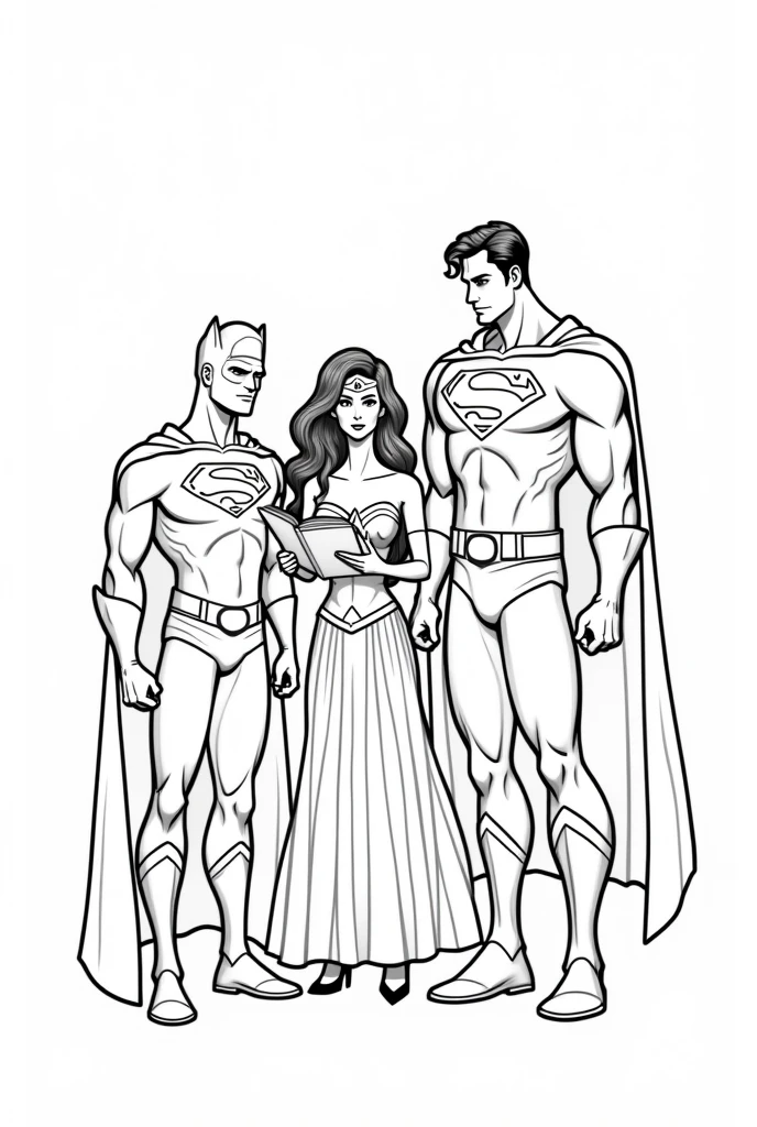 Create an illustration to color. coloring picture. imagem de Boken de ilustração. no shading. Superman reading the holy bible to batman and wonder woman. Wonder woman is wearing a long skirt. everyone is happy. Full-body image. white background, with nothing. Imagem uncoloredes, disney pixar style drawing. Masterpiece artwork, best qualityer, hight contrast, uncolored, Boken , style cartoon, Sketch style, black and white without shading, uncolored, no shadow, style cartoon, line art,
