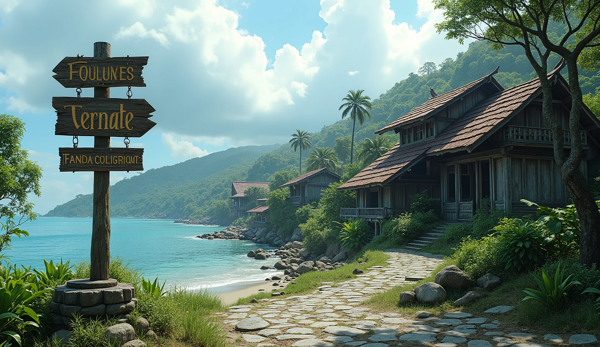 Village from Very ancient Ternate island, Maluku, Indonesia, bay, there is a signpost that says "TERNATE", there is no peoples