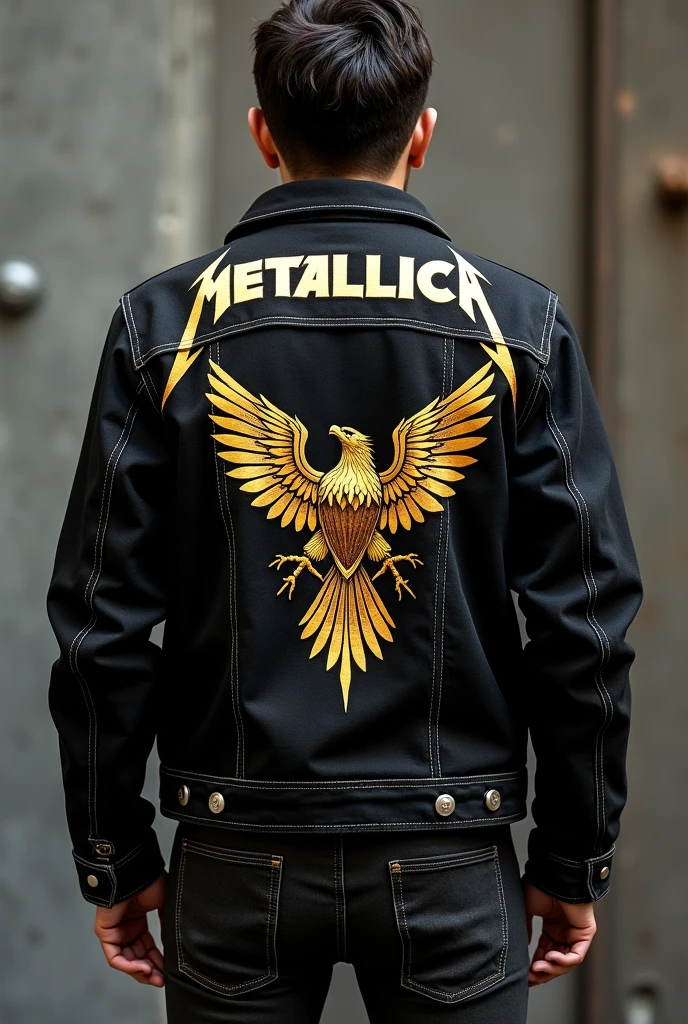 Black denim half jacket with golden eagle backprint and Metallica brand in rm250