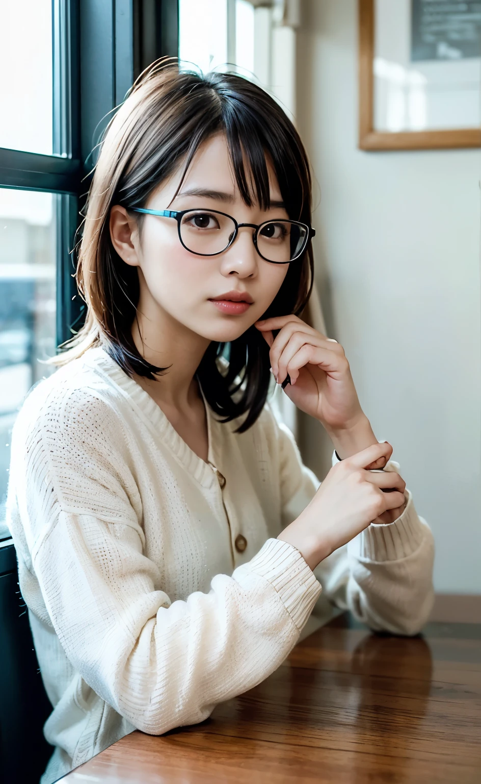 ((Perfect anatomy with detailed limb depictions)) ,4K,Tabletop,RAW Photos,最high quality,Realistic,Highly detailed CG Unity 4K wallpaper,Written boundary depth,Light from the window like a scene from a movie,Lens flare,Ray Tracing,(Very beautiful face,Beautiful Lips,Beautiful Eyes),Intricately detailed faces,((Highly detailed skin)),1 person,In the Dark,Deep Shadow,(((A cute and elegant Shiho-san with glasses, raised as a young lady, sitting by the window at a coffee shop in the morning))),Japanese Idol,1 person,(Elegant behavior:1.3),(((Standing in front of a table with hands behind one&#39;s back))),(Heartwarming:1.3),(((The red-rimmed feminine glasses look great on her.))),(A modest white blouse, baggy jeans, and pumps.),(Beautifully blurred background with deep depth of field),(Round table by the window with wooden chairs:1.3),Beautiful necklace, cute earrings and bracelet,Clear Eyes,(大きな目にHigh nose),An innocent smile,(Literary woman),(Full body shot with background),((Standing in front of a chair with knees together:1.3)),Tilt your head,Beautiful fingertips like white fish,E-cup beautiful breasts,(Full body shot from the side),focus on,In front of eyebrows,Beautiful ponytail,Highly detailed face,4K Digital SLR,high quality,Film grain effect,Fujifilm XT3 style,Classic Movie Scenes,(Saiharu Body),(Delicate eyes and face),Professional Perspective,Amazing details,1 personの少女に凝縮された美しさ,繊細でHigh noseを持つ美しい顔,Long limbs like a model,Tight waist,High nose,Clear chestnut eyes,Glossy Lips,