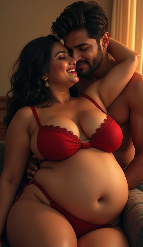 A beautiful gorgeous plump Indian woman wearing a Red thin bra panty, long hair, huge breasts, hot body curves, smiley face, white skin, laying on sofa with handsome man male and female face