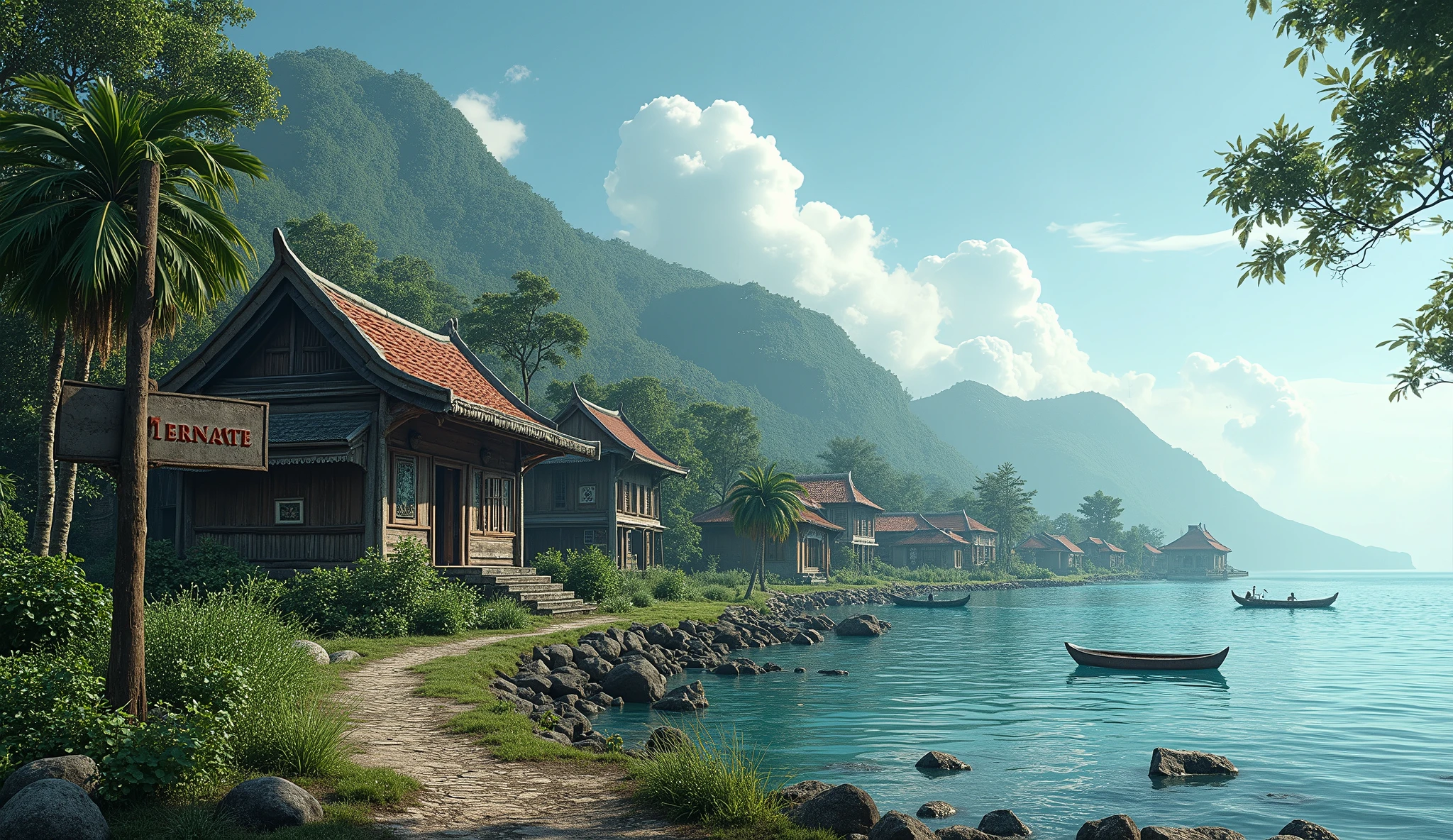 Village from Very ancient Ternate island, Maluku, Indonesia, bay, there is a signpost that says "TERNATE", there is no peoples
