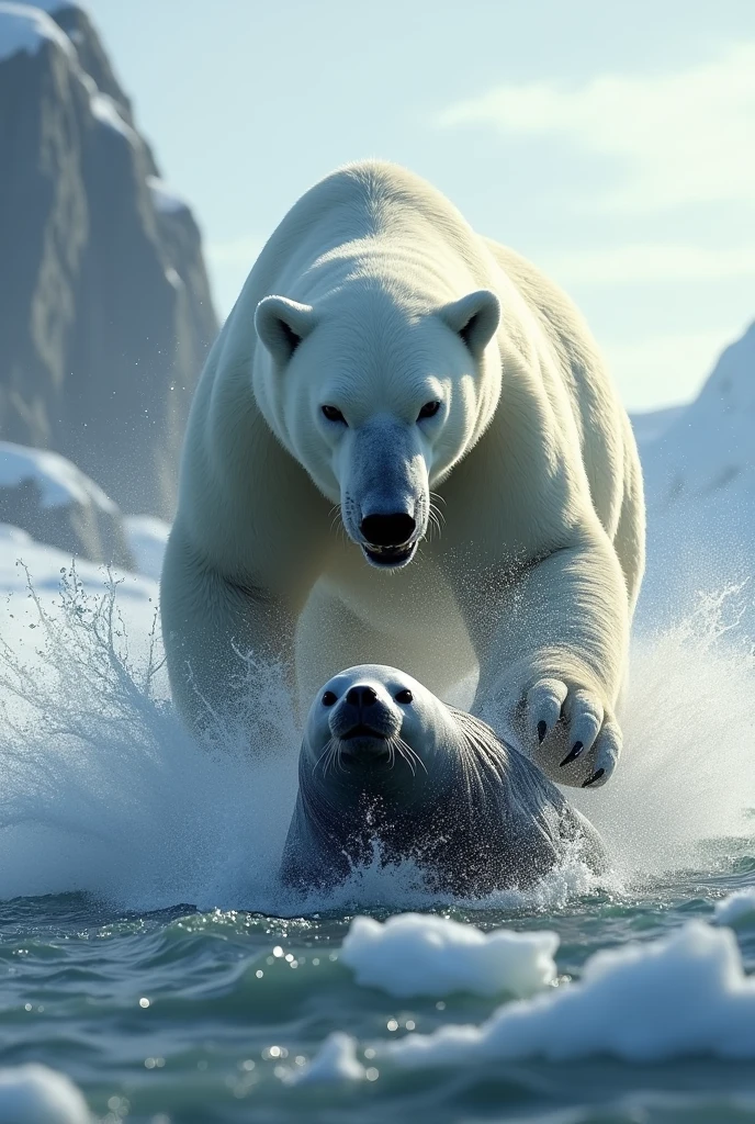 A seal is running away from a polar bear that is trying to eat it.