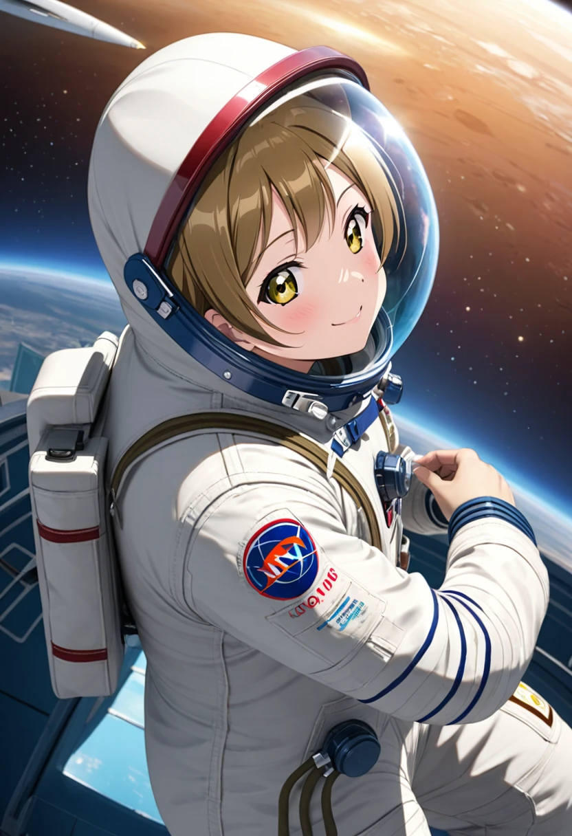 (Spacesuit:1.15), White Cargo Pants, Space Helmet , , Spacewalk, masterpiece, Highest quality, One person, One personで, short hair, , s,Gloss,Backpack\, baburuherumetto, short hair, (Futuristic spaceship:1.6), , smile,Covered navel, short hair, In other words、Ace,slim,Small breasts, Minami Kotori , Love Live! School Idol Project, from above