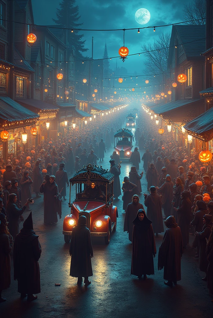 The Carnival of Souls Concept: A night parade with witches, wizards, souls in torment and demons, all in a dark carnival. Cars decorated with lights and pumpkins, and characters dressed as sweets. You could make the whole poster have a festive but spooky feel..
colors: bright oranges, black, and dark reds.