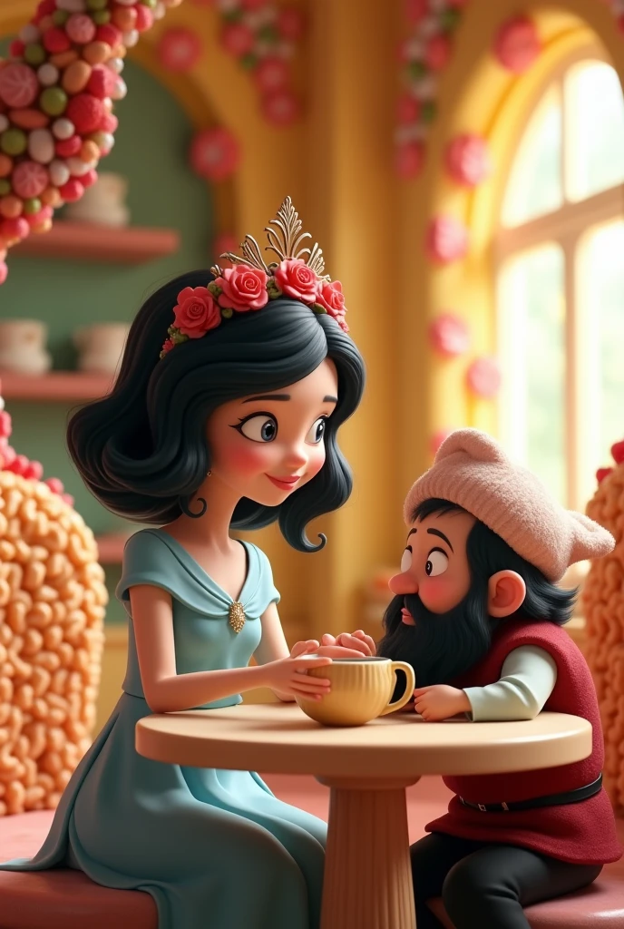 A black-haired princess in a long bob hairstyle, a light blue dress, yellow and red of spring and a tiara of red roses. She is accompanied by a dwarf with black hair and beard wearing a cap.. They are sitting at a table in the cafeteria, the walls and furniture of the coffee shop are made of candy