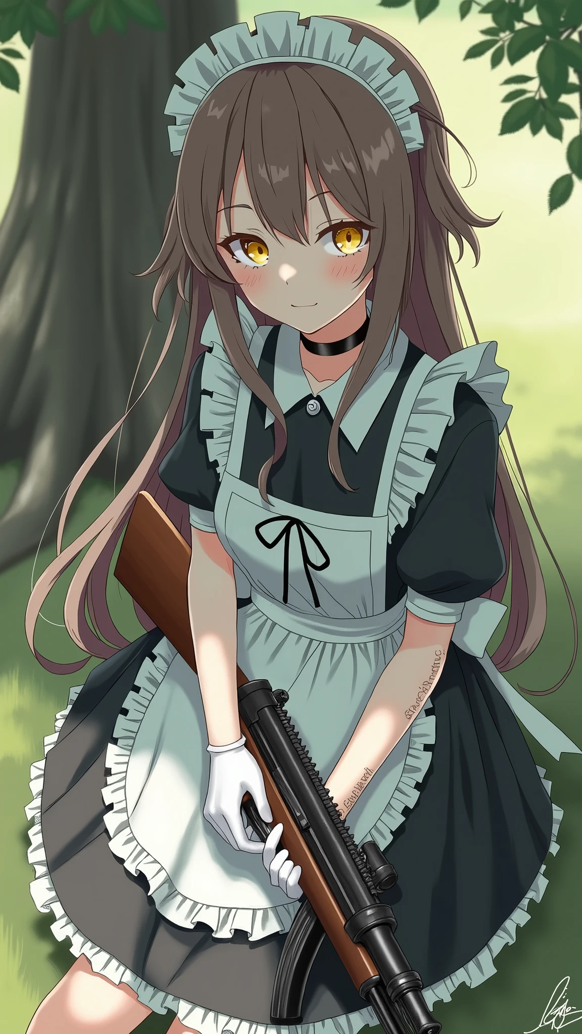 anime character with long hair in maid dress holding a heavy rilfe and black gloves, (hair swept bangs:1.3), (long brown hair:1.3), 1girl, solo, long hair, looking at viewer, bangs, brown hair, yellow eyes, gloves, long sleeves, dress, ribbon, holding, sitting, weapon, outdoors, frills, choker, white gloves, blunt bangs, holding weapon, mole, apron, black dress, tree, gun, maid, maid headdress, black choker, grass, holding gun, rifle, maid apron, cigarette, smoking, anime style, from girls frontline, fine details. girls frontline, girls frontline universe, girls frontline style, girls frontline, girls frontline cg, soft anime illustration, 2 0 2 2 anime style, 2022 anime style, pixiv contest winner, pretty anime character design, render of april