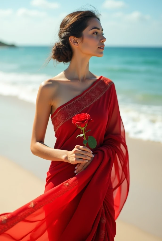 A beautiful woman in red saree, stand in beach, in hand red rose, stand alone