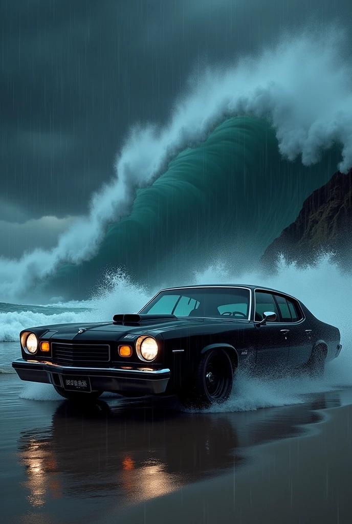 A black  gangster car packed on a beach start a tsunami in night and start a rainfall  a one another car jump on the black gangster car 

