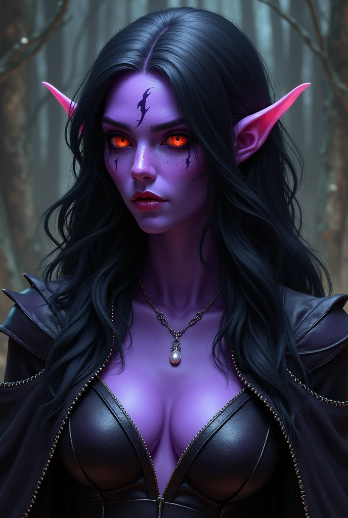 Fazer imagem de uma personagem tiefling feiticeira de d&d, purple skin, with a scar on her face, long black hair, fire colored eyes, infernal aura and ugly appearance with a single delicate silver necklace with a very small, slightly pink pearl inside the necklace, leather dress like armor up to the shoulders completely closed without breast