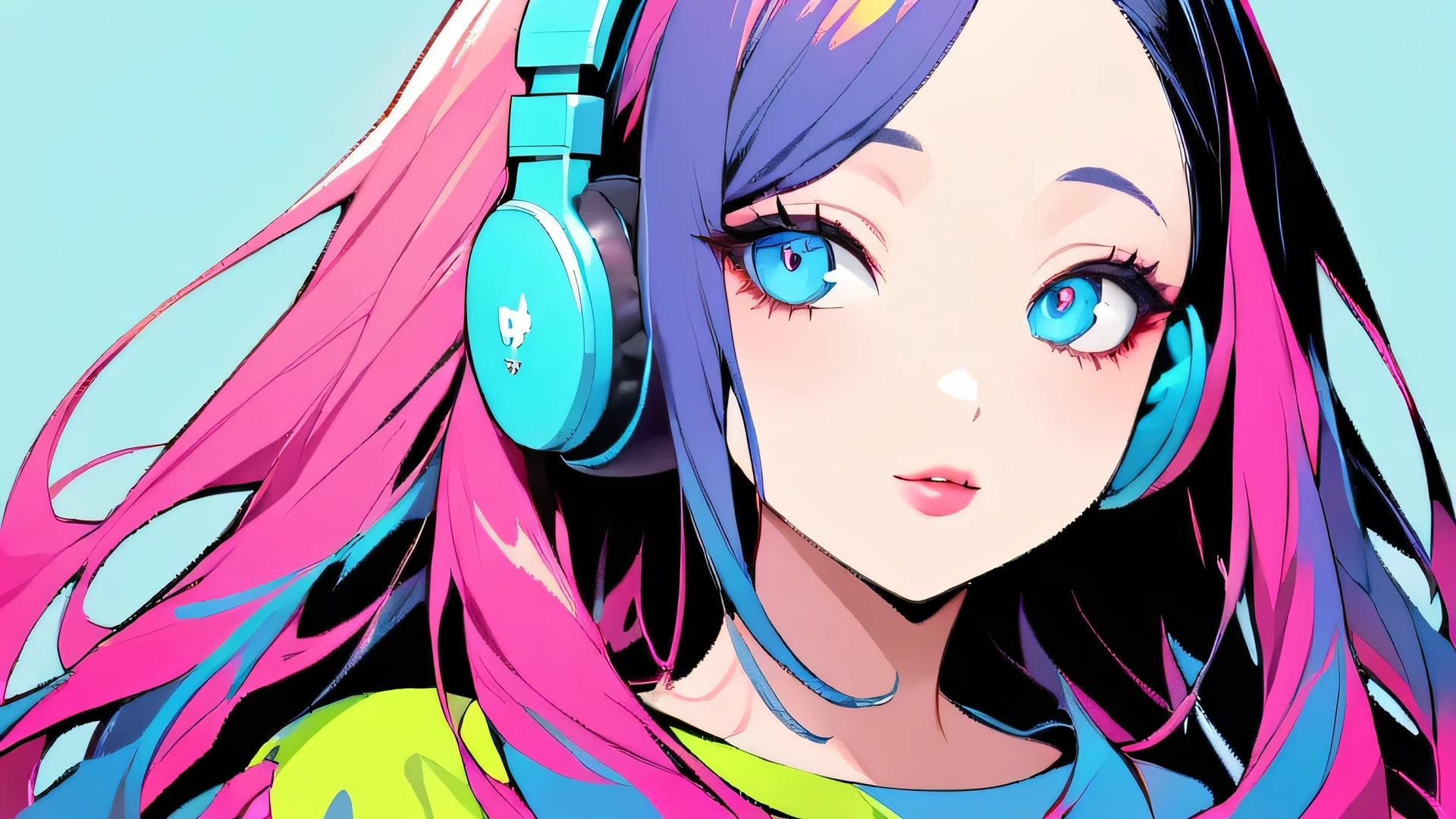 (Highest quality:1.4, City Pop Style, Very detailed, up to date, Vibrant, High Contrast, ),、One person, ((Face Up Shot:1.4)), Neon colored hair, Braiding, Droopy eyes, Long Hairstyles, pastel colour, Oversized T-shirt, flower, Portraiture, Asymmetrical bangs, Blue eyes, Cute Face. Lips in Love, Stylish design, Pure Light Blue Background、(Headphones)Upper Body、