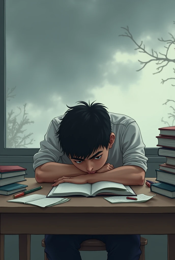 A young student sitting at the same table, looking disheartened and frustrated. His study materials are scattered, and his head is resting on his hands. The sky above is cloudy, symbolizing his feelings of failure and doubt. The atmosphere reflects his struggles and the weight of his challenges