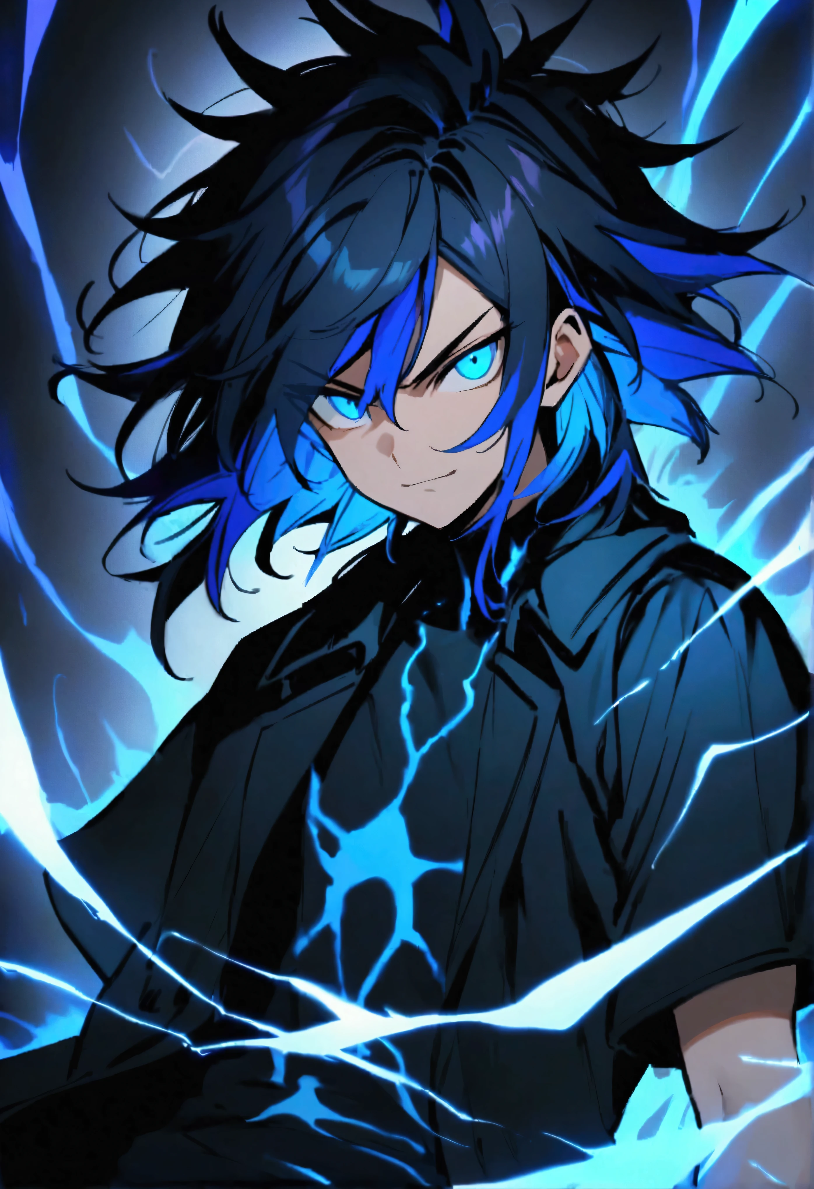 teenage boy, spiky hair, medium length hair, multicolored black and blue hair, blue colored eyes, serious face, simple smile, black jersey, loose dark blue short-sleeved overcoat, blue tattoos on the body, electric aura,