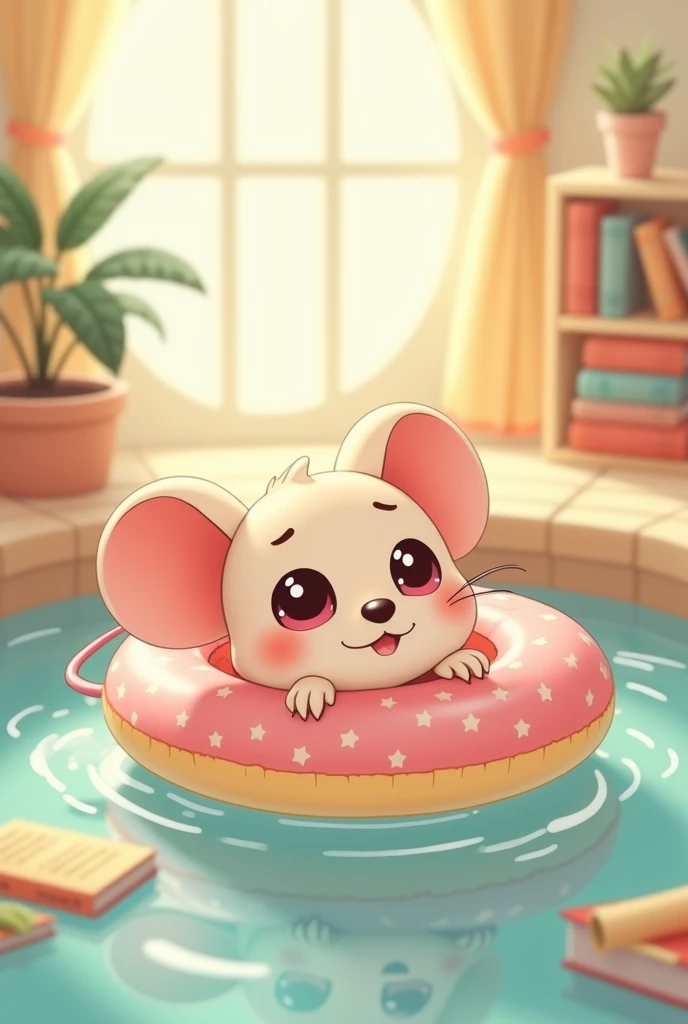 3d, Simple and cute, With gentle colors like a picture book , 8k, Highest quality,cute,Big anime eyes,Cute little mouse on a swimming ring.,mascot,indoor