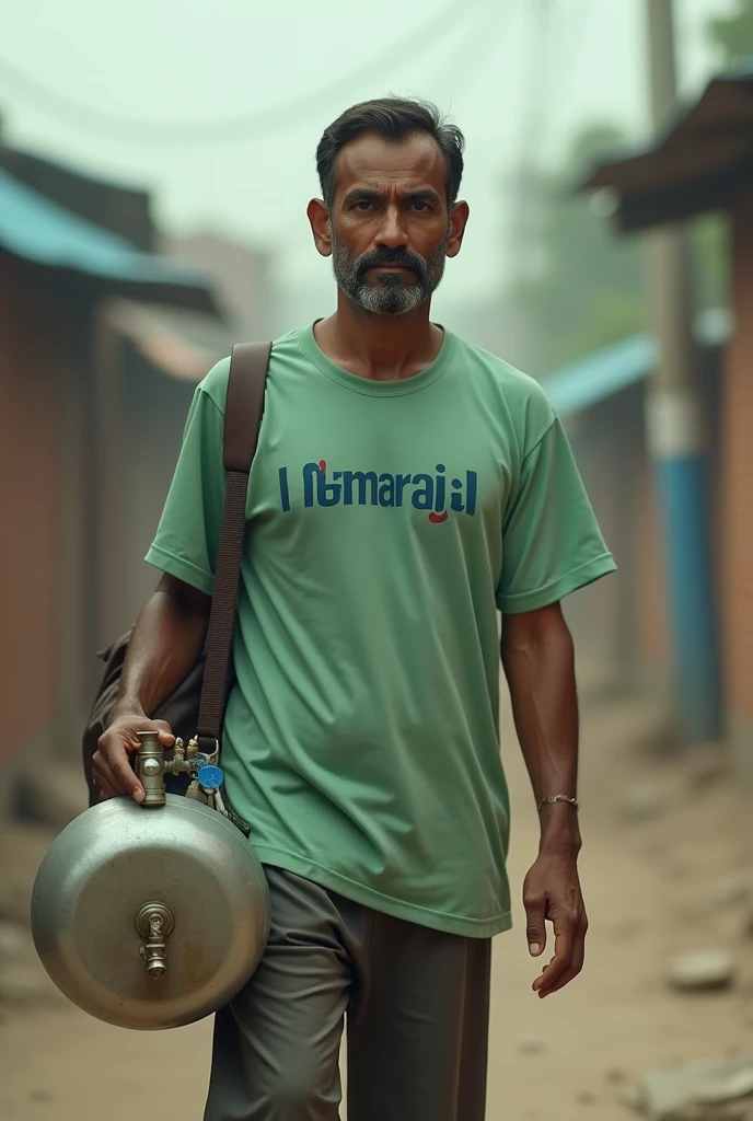 A man holding oxygen mid size cylinder wearing half pant and light green t-shirt written Namaraj On it