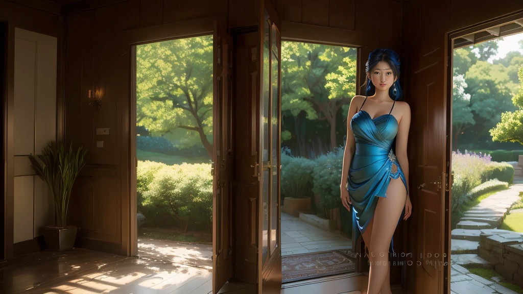 Arafed woman in a blue dress standing on a door, sakimichan hdri, shot with canon eoa 6 d mark ii, Portrait photo, photo taken with sony a7r, tirada com canon 5d mk4, various poses taking pictures, stunning elegant pose, filmed with canon 5d mark ii, 70 mm. dramatic lighting