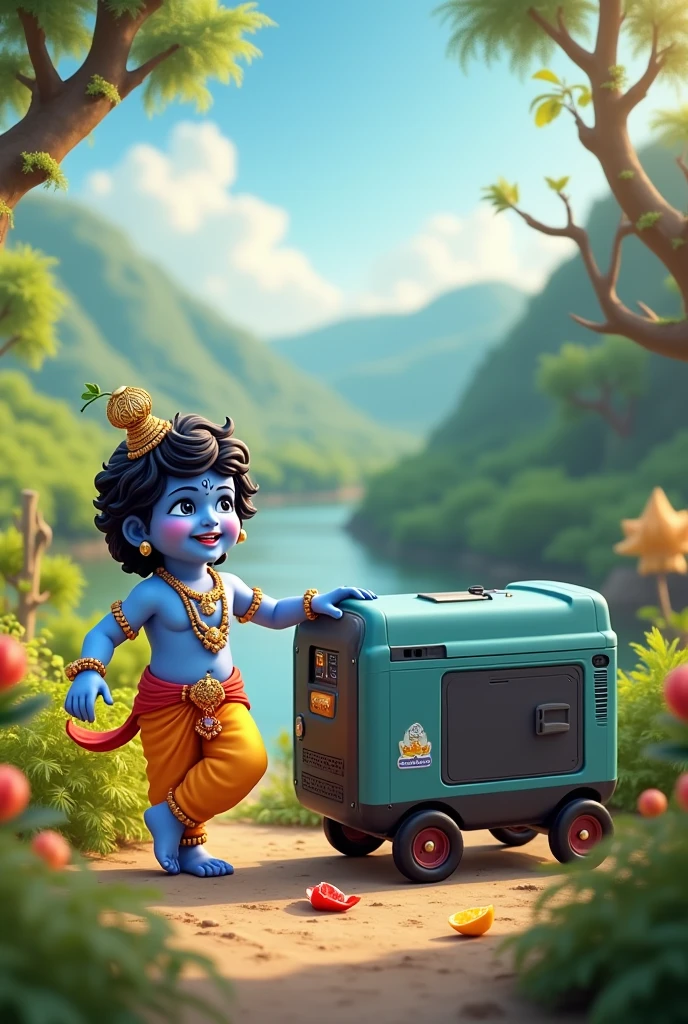 Create an image of lord Sri Krishna as a kid and diesel generator along side for diesel generator commercial