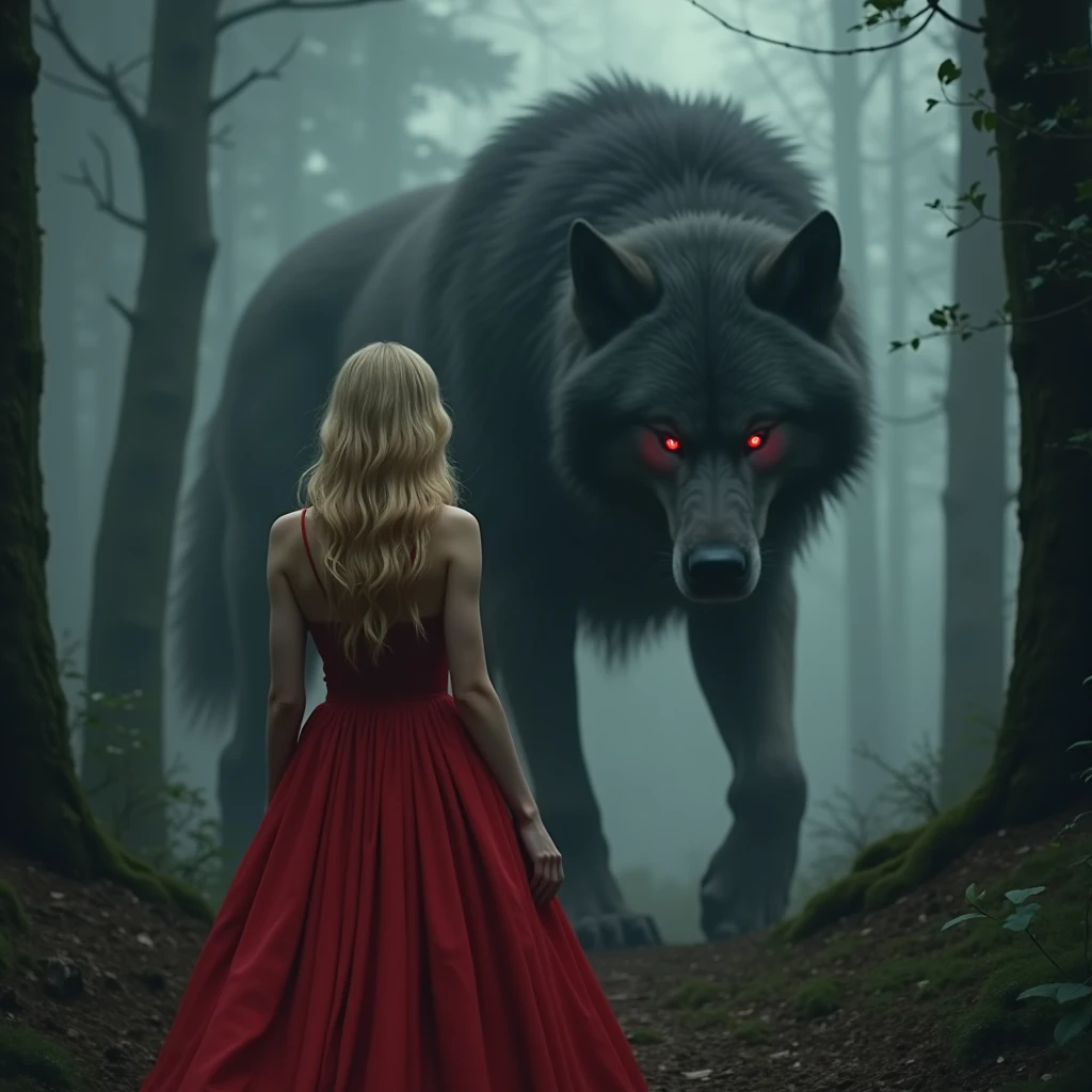 A beautiful woman with golden hair wearing a red dress, standing with her back turned, in a mysterious forest, as a huge black-furred wolf-like creature with glowing red eyes approaches her, reaching out to embrace her, (best quality,4k,8k,highres,masterpiece:1.2),ultra-detailed,(realistic,photorealistic,photo-realistic:1.37),detailed fantasy landscape, dramatic lighting, moody atmosphere, detailed wolf-like creature, extremely detailed face and eyes, flowing hair, elegant dress, mist and fog, dramatic shadows