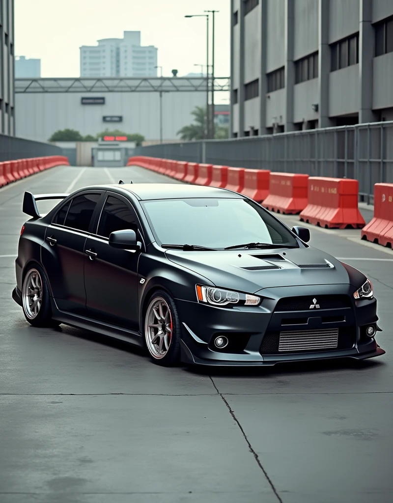 A striking image of a customized matte black Mitsubishi Evolution Lancer X sedan sitting on the ground and touching the ground, showcased in a city streets. The car's aggressive stance is accentuated by the custom air suspension and racecar body kit, which include a carbon fiber front splitter, vented side skirts, and a prominent front splitter. The chrome-finish multi-spoke alloy wheels, pai red with ultra-low-profile, high-performance tires and a large, adjustable rear wing with race-style design, emphasize the car's performance-driven heritage. Surrounding the vehicle are safety barriers and equipment, highlighting the controlled environment for rigorous performance testing.