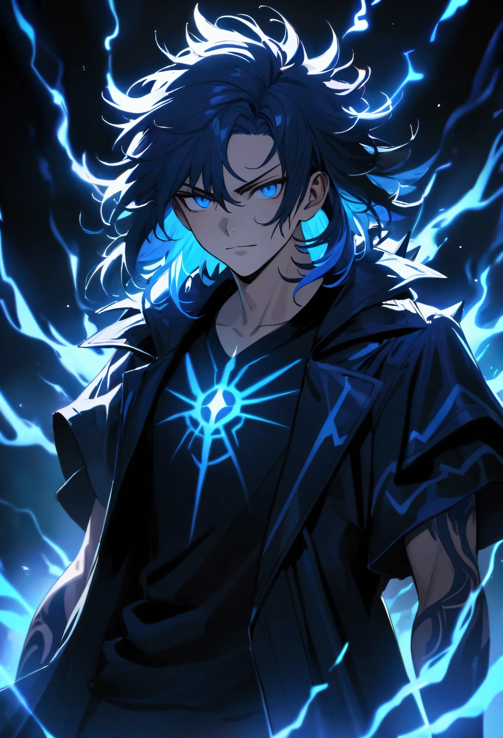 teenage boy, spiky hair, medium length hair, multicolored black and blue hair, blue colored eyes, serious face, simple smile, black jersey, loose dark blue short-sleeved overcoat, blue tattoos on the body, electric aura,