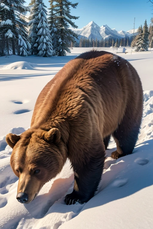 best quality, high quality, ultra quality, 8k, masterpiece, detailed, extremely detailed, insanely detailed, ultra detailed, ultra highres ,exquisite, lifelike Images,cinematic experience,UHD picture,Realistic,photorealistic,hyperrealistic,vivid,RAW photo,shot by DSLR, Snowy land, snow on the ground, Bear prowling, snow day, bear,  
