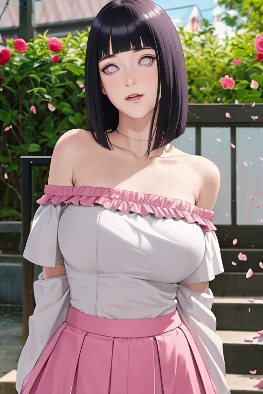 masterpiece, absurdres, hinata\(boruto\), 1girl, solo,mature female, off-shoulder strap bra, high waist short skirt, looking at viewer, (falling petals), perfect composition, detailed lips, big breast, beautiful face, body propotion, blush, (pink lips), long hair,  purple eyes,  soft gaze,  super realistic, detailed, photoshoot, realistic face and body,