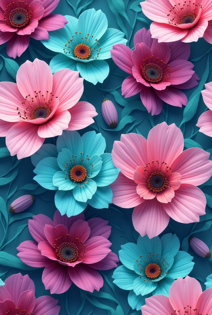 Beautiful repeating floral pattern in a jewel tone, Effect, Hyper-photorealism , Pinterest, Hex code color is 5ABCB9, 63E2C6, FB6376, 613F75, Only 0C6291, flow, wallpaper, artistic