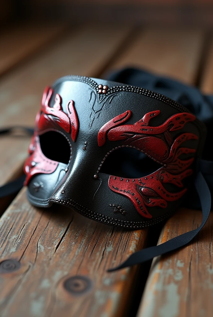 black mask, red and silver on a wooden table
