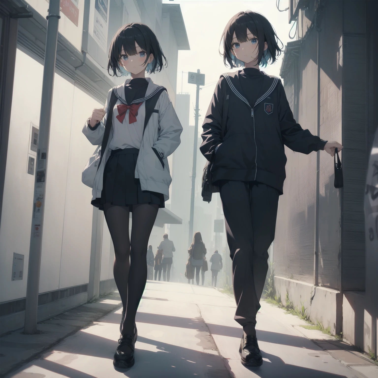 ultra-absurdres-Top quality by artist God, ultra-detailed, high resolution, anime moe artstyle, best anime 8k konachan wallpaper, pixiv contest winner, pool:2810, perfect ???????,break, 1girl, (Please draw a girl walking sleepily to school alone. )break,(Solo,little female,15yo:1.3),Full limbs, complete fingers,a junior high school student, (very short hair), short cut, flat chest, , small butt, small black eyes, beautiful detailed eyes, well-proportioned iris and pupils, expressive eyes, highres detailed hair, soft expression, salor school_uniform, sailor collar, serahuku, bow, pleated skirt,(Detailed Lighting), (Detailed background), in the School commute route. break,super detailed skin, Best cinematic lighting powered by famous artist, 8k,beauty illustration,photoshop_(medium),very aesthetic,break,((artist:echo_(circa) )), artist:clamp ,artist:carnelian ,artist:kantoku ,
