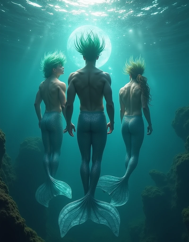 (masterpiece,Distinguished Quality,Mirror-like,Cinematic Experience, insanely detailed,absurdres),8k,full image shot), the shimmering, iridescent depths of an enchanted ocean, (1 male:1.6),mesmerizing sirens,(male, with mermaid tale:2.0),(male siren),(manly tale),(manly abs),(random haircut);(long hair),(short hair), (random coloured hair),aquamarine eyes gleam with an otherworldly allure, shimmering, crystalline tail glimmers with a soft, ethereal light, beckoning sailors to their doom with a haunting, melodic song that echoes through the mystical, moonlit waves, Imagine the captivating, underwater scene!