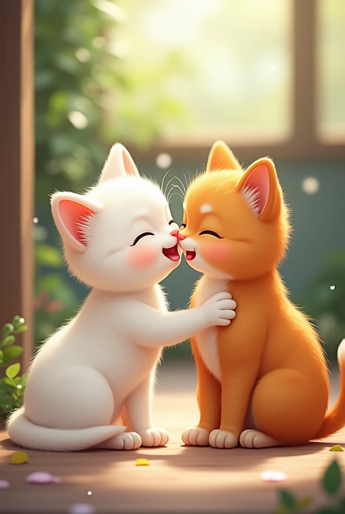 The white cat and the ginger cat slowly come closer to each other and start talking. The white cat wins the ginger cat's heart with her simplicity and innocence. They laugh and smile together, looking happy in each other’s company.













